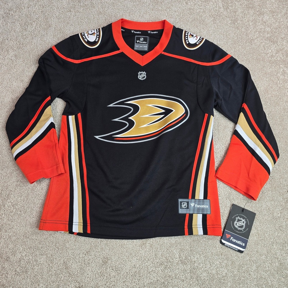 Fanatics Anaheim Ducks NHL Youth Breakaway Jersey Black Orange S/M NWT